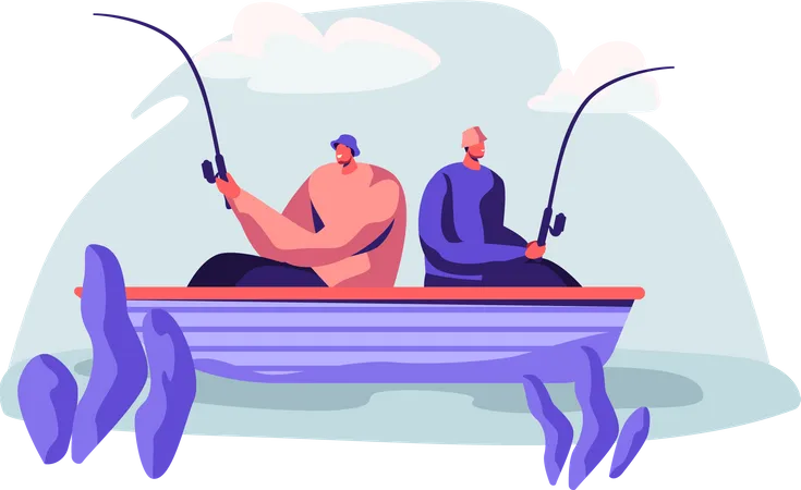 Friends doing fishing in calm lake  Illustration