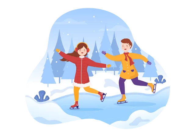 Ice Skating Hand Drawn Cartoon Flat Illustration Of Winter Fun Outdoors Sport Activities On Ice Rink With Seasonal Outerwear Illustration