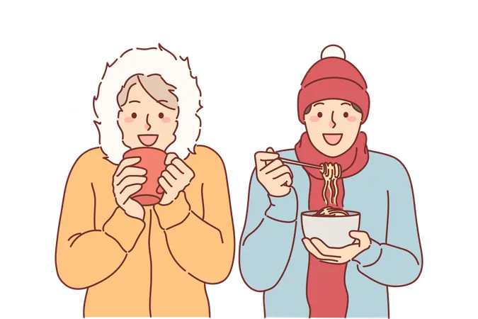 Hungry Friends Eat Lunch Standing Under Snow In Winter Clothes Trying To Stay Warm During December Trip Tourists Drink Coffee And Eat Noodles Located Outdoors Enjoying Trip To Winter Resort Illustration