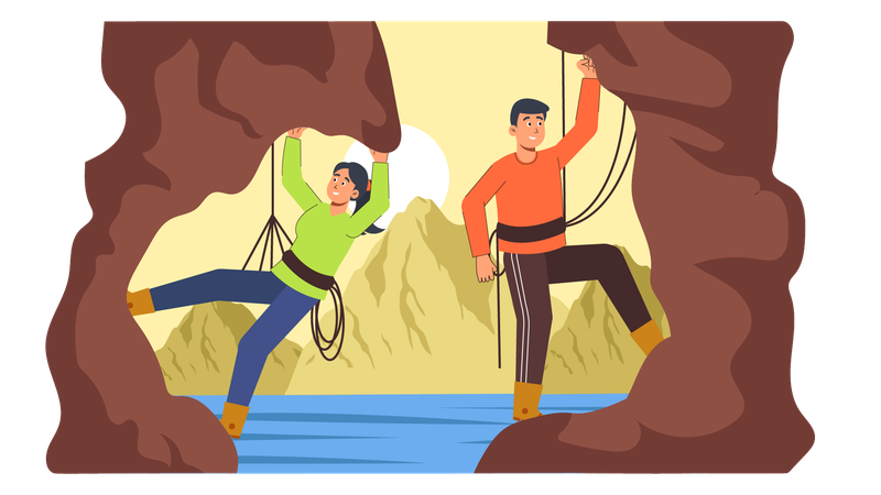 Friends doing mountain climbing activity  Illustration