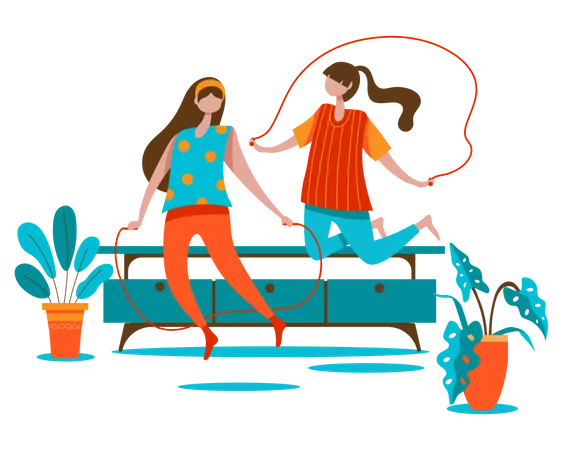 Friends doing Skipping rope exercise Illustration