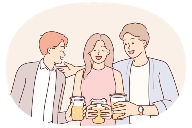 옥토버페스트 기간 동안 친구들은 맥주를 마시고 웃으며 사교와 친근한 대화를 즐깁니다.  일러스트레이션