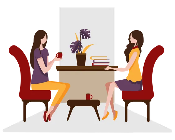 The Young Woman And Her Best Friend Sat In A Chair Talking About The Finished Book And Sipping Coffee As Well Vector Illustration Flat Design Illustration