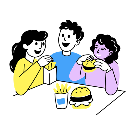 一緒にハンバーガーを食べる友達  イラスト