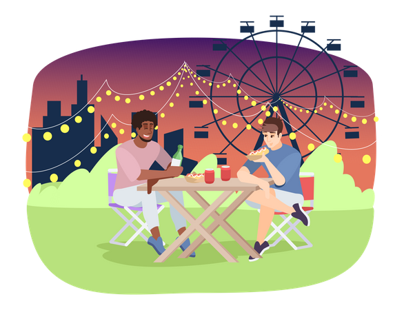 Friends eating pizza at fairground  Illustration