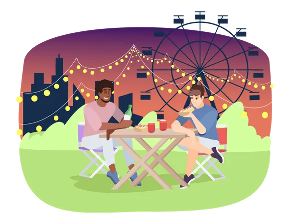 Friends eating pizza at fairground  Illustration