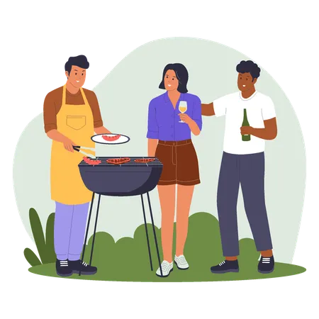 Friends Enjoying Backyard Barbecue Party  Illustration