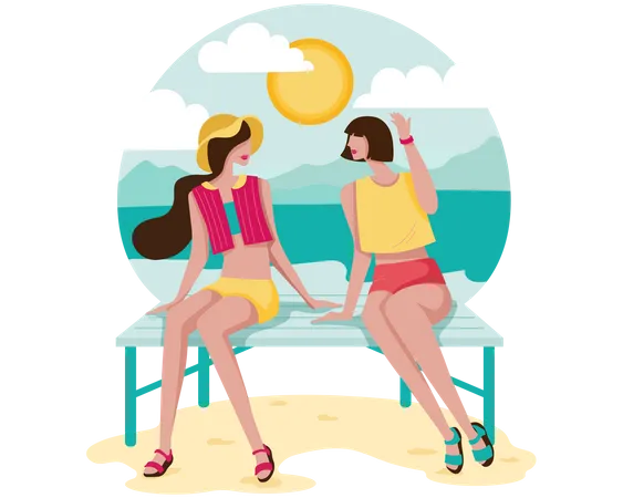 Big Isolated Cartoon Style Happy Young Woman Sitting And Gossiping On Beach Flat Vector Illustration Illustration