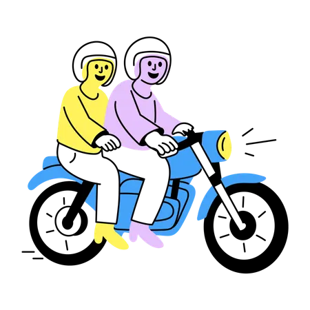 自転車に乗るのを楽しむ友人たち  イラスト