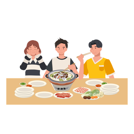 Friends enjoying moo kratha thai bbq hot pot meal with grilled meat vegetables and sauces around a shared tabletop grill  Illustration