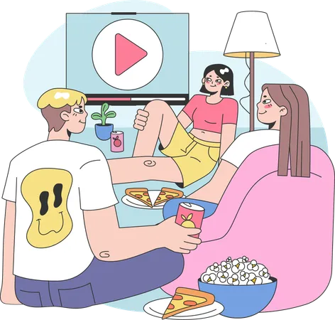 Friends enjoying movie and pizza  Illustration