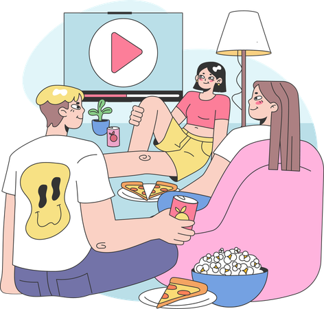 Friends enjoying movie and pizza  Illustration