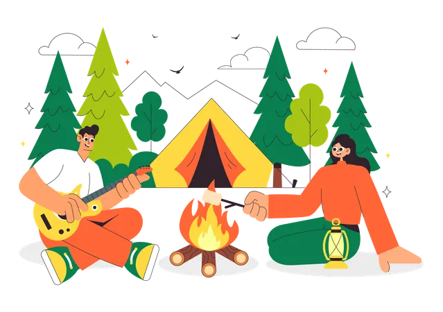 Friends enjoying Summer Camping  Illustration