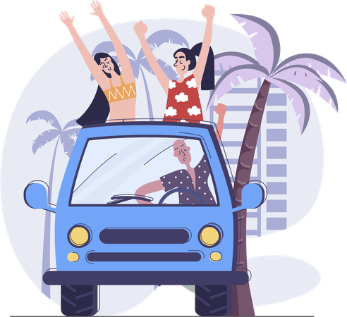 Friends enjoying trip while travelling using car  Illustration