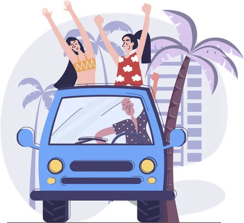 Friends enjoying trip while travelling using car  Illustration