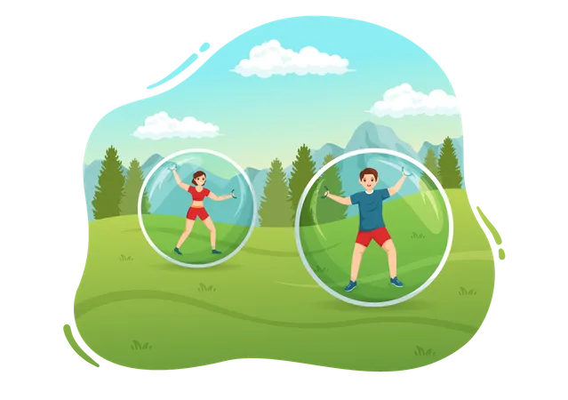 Zorbing Illustration With People Playing Bubble Bump On Green Field Or Pool For Web Banner Or Landing Page In Flat Cartoon Hand Drawn Templates Illustration