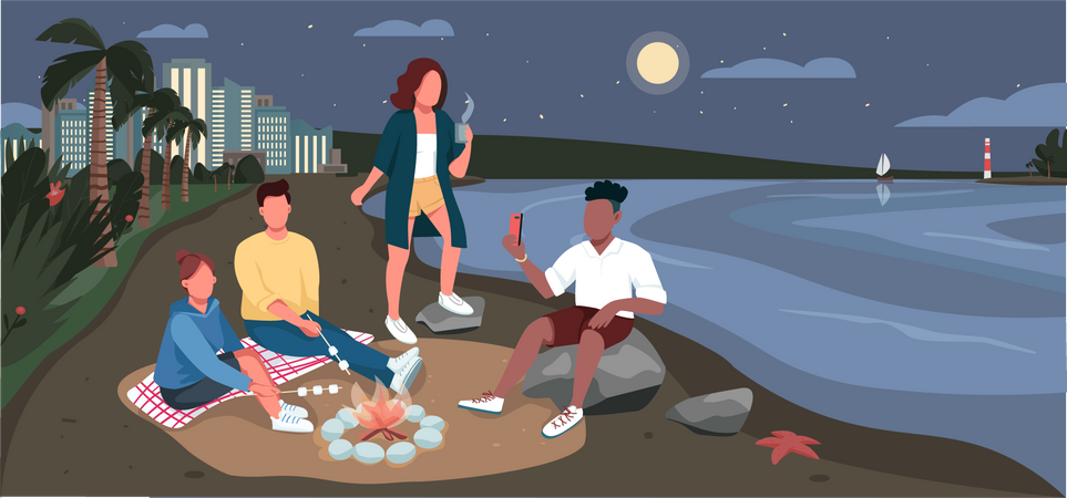 Friends evening picnic at sandy beach  Illustration