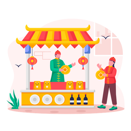 Friends exchange meaningful gifts at flower markets or temple fair stalls  Illustration