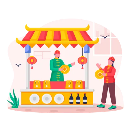 Friends exchange meaningful gifts at flower markets or temple fair stalls  Illustration