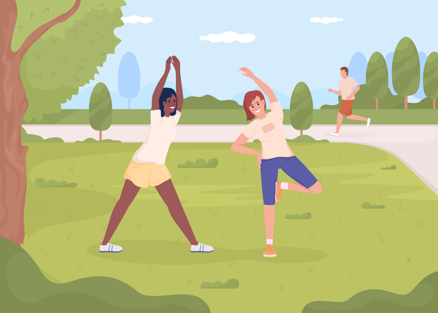 Friends exercising in park Illustration