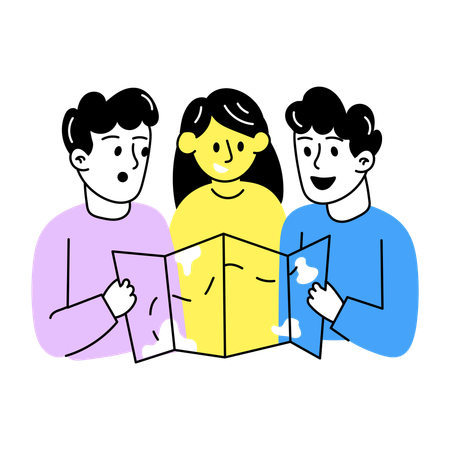 Friends finding route from Treasure hunt  Illustration