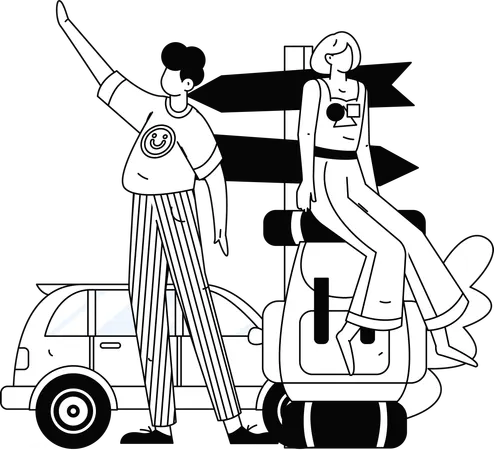 Friends finding way from signboard  Illustration