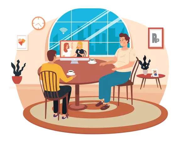 Friends gathering on online video conference  Illustration