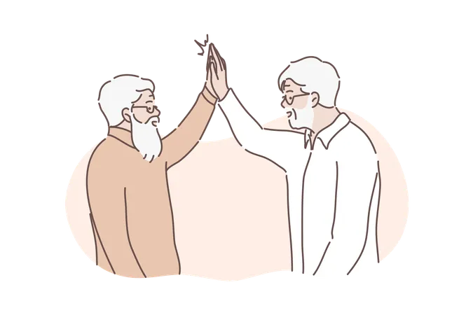 Friendly Greeting Concept Happy Old Men Friends Are Together And Greet Each Other With High Five Illustration Of True Friendship Two Pensioners Are Excited Meet Each Other Simple Flat Vector Illustration