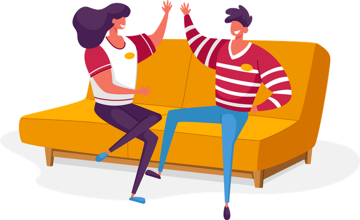 Friends Giving High Five Sitting on Couch  Illustration