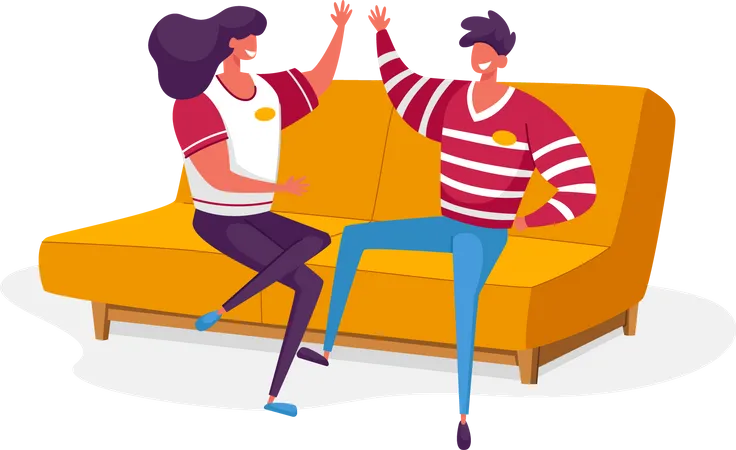 Friends Giving High Five Sitting on Couch  Illustration