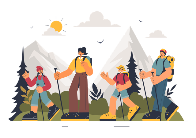 Friends goes on Mountain Hiking Adventure  Illustration