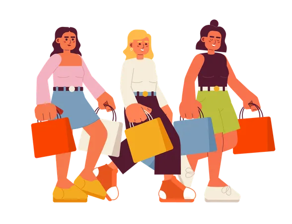 Friends Going Shopping Semi Flat Color Vector Characters Girls With Packages Leisure With Soul Mates Editable Full Body People On White Simple Cartoon Spot Illustration For Web Graphic Design Illustration