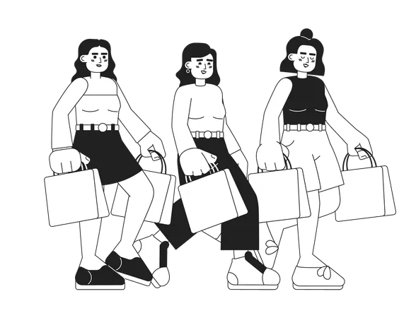 Friends Going Shopping Monochromatic Flat Vector Characters Girls With Packages Soul Mates Editable Thin Line Full Body People On White Simple Bw Cartoon Spot Image For Web Graphic Design Illustration