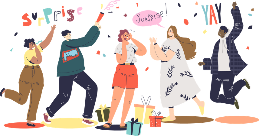 Friends greeting girl with holiday or birthday at surprise party  Illustration