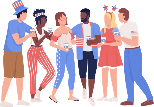Friends Group Celebrating July Fourth Semi Flat Color Vector Characters Standing Figures Full Body People On White Americans Simple Cartoon Style Illustration For Web Graphic Design And Animation Illustration