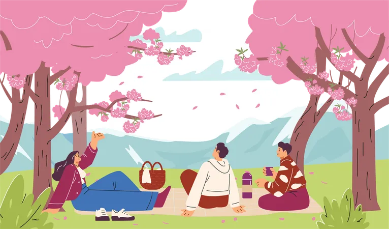 Friends having a picnic in a park with cherry trees  Illustration