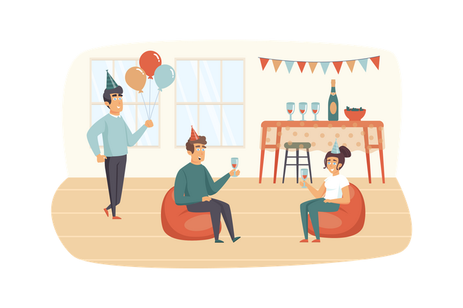 Friends having fun at home party Illustration