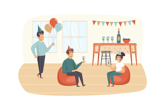Friends Having Fun At Home Party Scene Woman And Men Talking Drinking Wine Relaxing At Bag Chairs Celebration Pastime Together Concept Vector Illustration Of People Characters In Flat Design Illustration