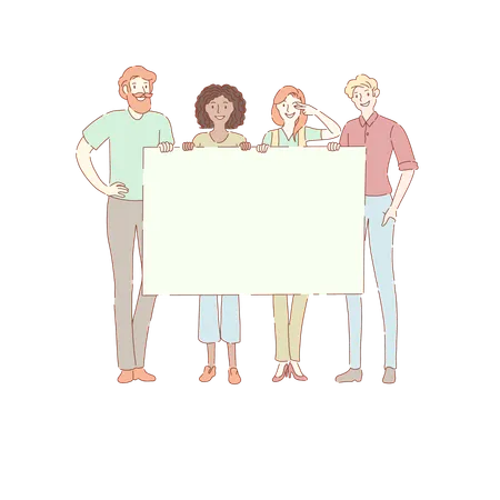 Young Men And Women Standing Together Friends Holding Blank Placard Friendship Social Demonstration Banner Surprise Party Public Protest Concept Cartoon Sketch Flat Vector Illustration Illustration