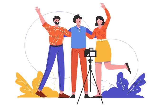 Friends Hugs And Is Photographed With Camera On Tripod Men And Woman Have Fun Together And Take Selfie Photo People Scene Isolated Best Memories Concept Vector Illustration In Flat Minimal Design 일러스트레이션