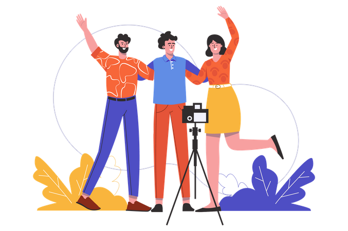 Friends hugs and is photographed with camera  Illustration