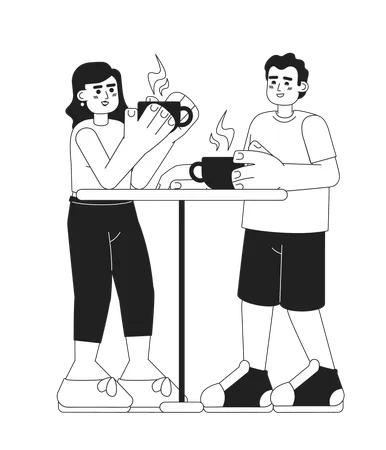 Coffee Outing Monochromatic Flat Vector Characters Friends In Cafe Drinking Hot Drinks Editable Thin Line Full Body People On White Simple Bw Cartoon Spot Image For Web Graphic Design Illustration