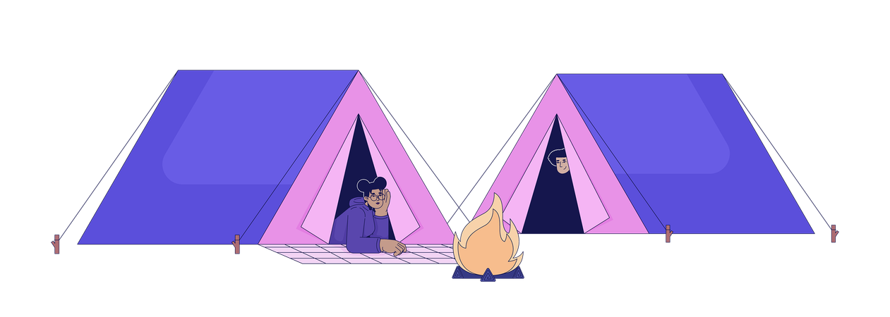 Friends in camping tents bonfire  Illustration