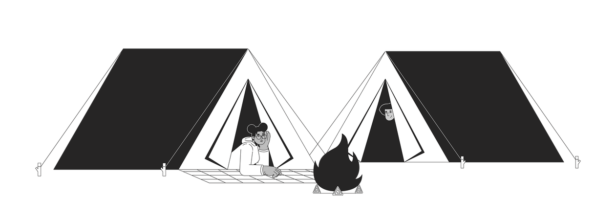 Friends in camping tents bonfire  Illustration