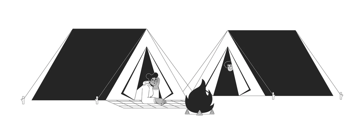 Friends In Camping Tents Bonfire Black And White 2 D Line Cartoon Characters Diverse Woman Man Relaxing Campsite Campfire Isolated Vector Outline People Camp Fire Monochromatic Flat Spot Illustration Illustration