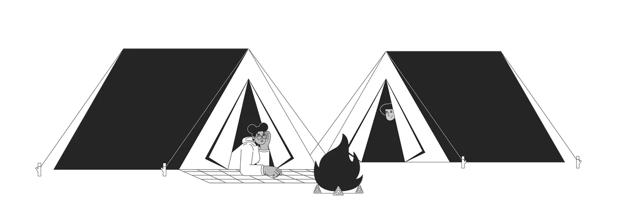 Friends in camping tents bonfire  Illustration