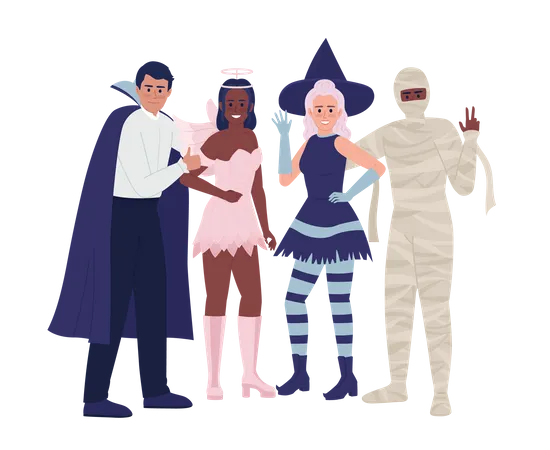 Friends in costumes posing together on party Illustration