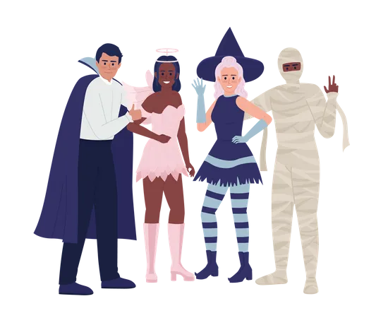 Friends in costumes posing together on party  Illustration