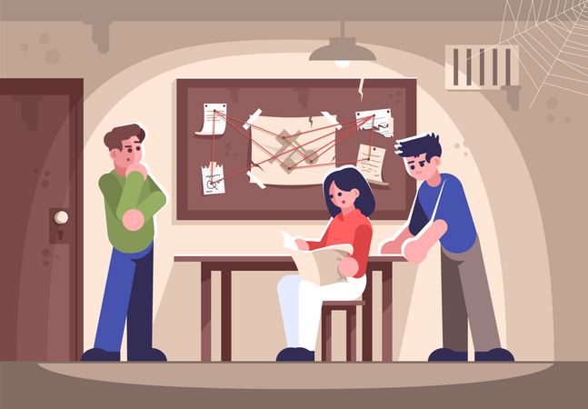 Friends in criminal quest room  Illustration