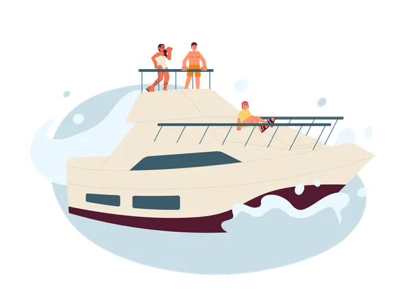 Yacht Party Flat Vector Spot Illustration Friends In Swimwear Luxury Yachting 2 D Cartoon Characters On White For Web UI Design Summertime Sailboat In Ocean Isolated Editable Creative Hero Image Illustration